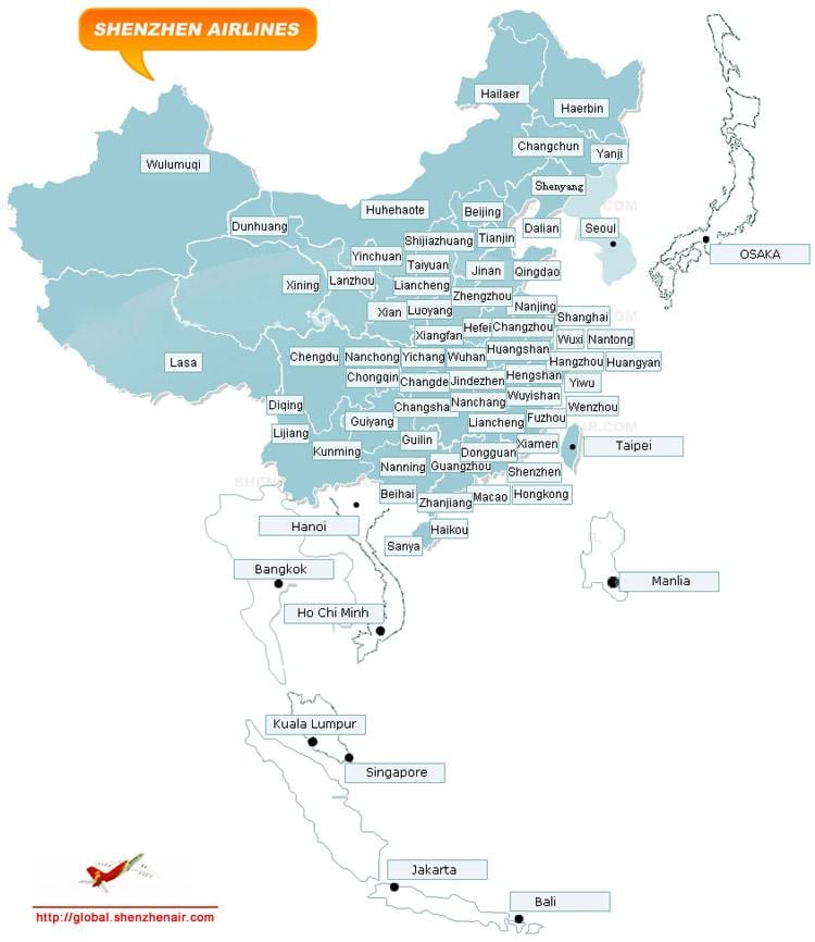 mapa Shenzhen letecké trasy